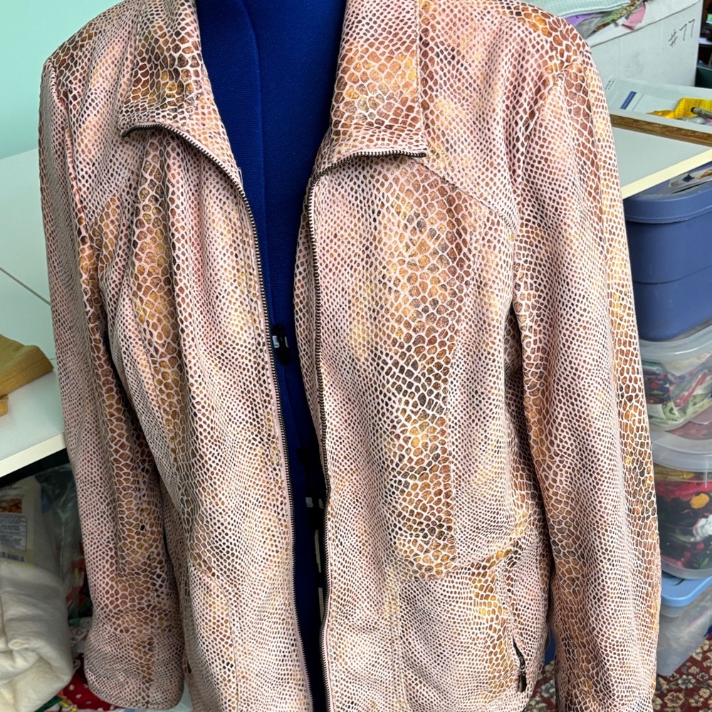 Dialogue Women's Pink Snake Print Leather Jacket